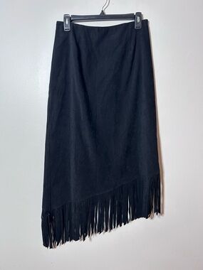 Denim & Co Black Faux Suede Cowgirl Western Fringe Midi Skirt SZ M